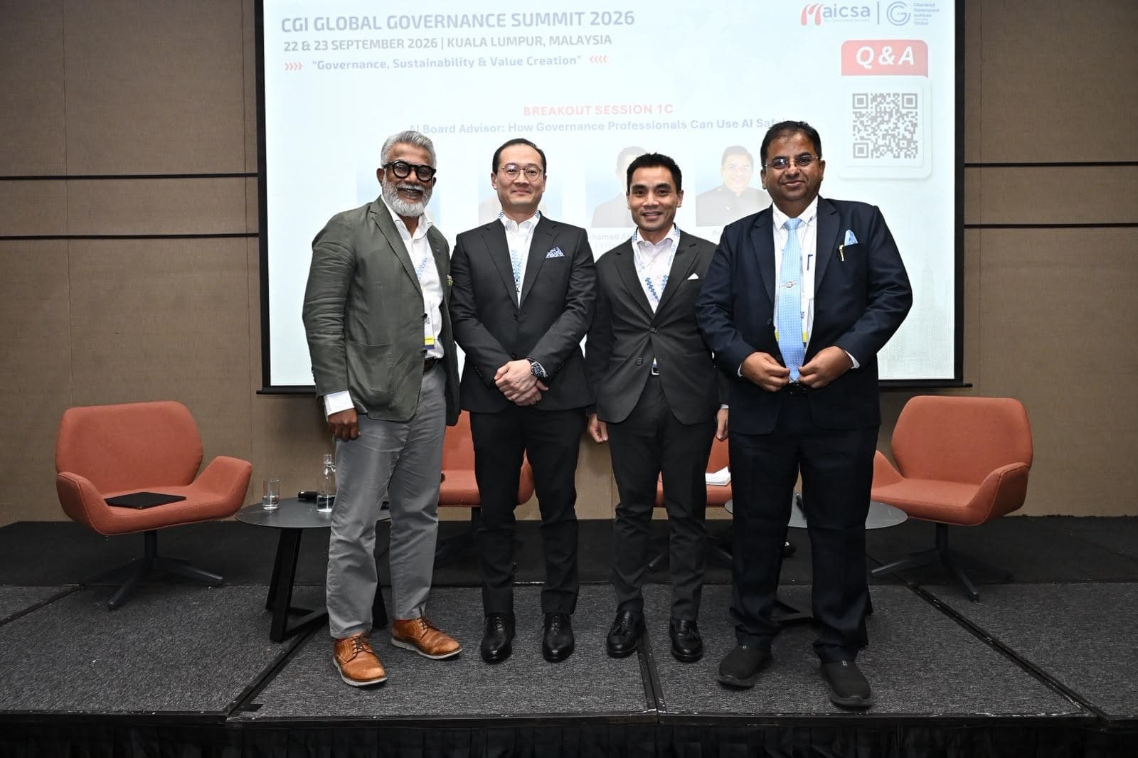 Four panellists standing together on stage after the AI Board Advisor session at the CGI Global Governance Summit 2026